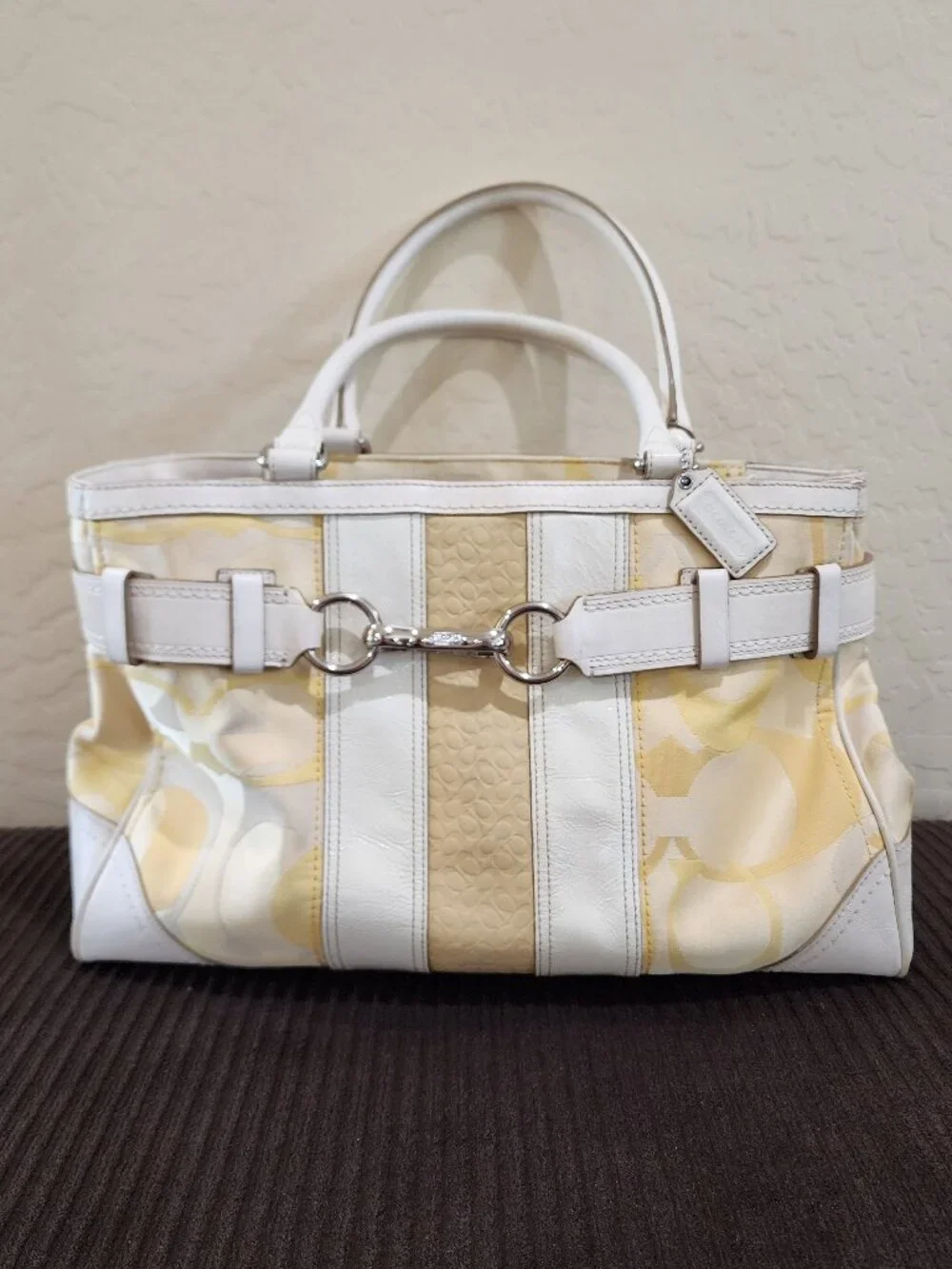 Coach Hampton Optic Signature Stripe Yellow White Double Handle Shoulder Bag